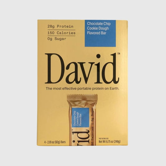 Caja con 4 barras de proteína David sabor Chocolate Chip Cookie Dough, 28 g de proteína por barra