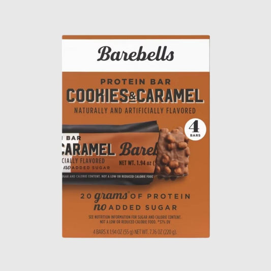 Caja con 4 barras de proteína Barebells Cookies & Caramel de 55 g