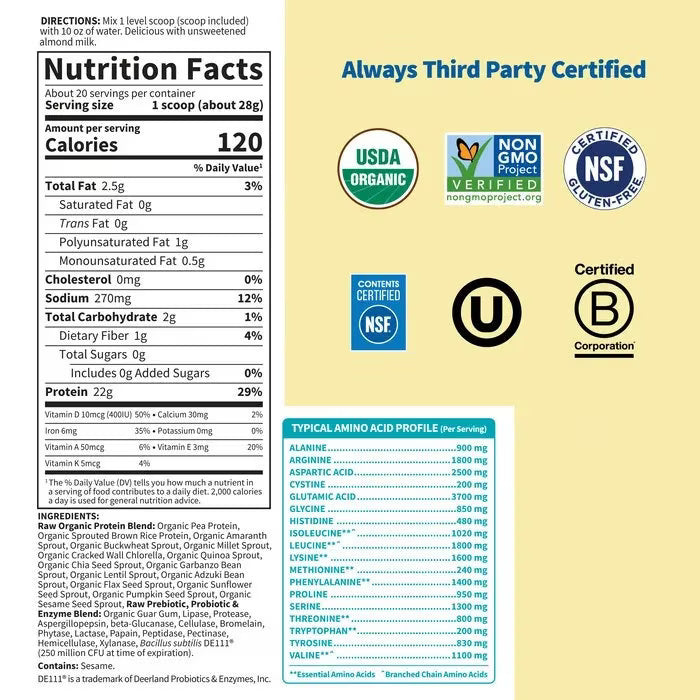 Garden of Life Proteína Orgánica  Plant Based Sin Sabor Sin Stevia